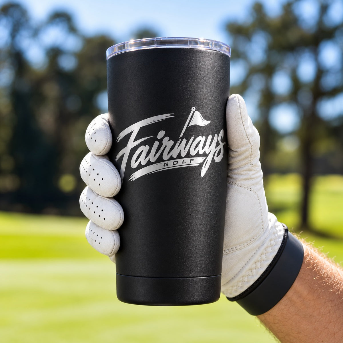 Black Fairways Golf 20 oz tumbler with silver logo and clear lid held in a white golf glove