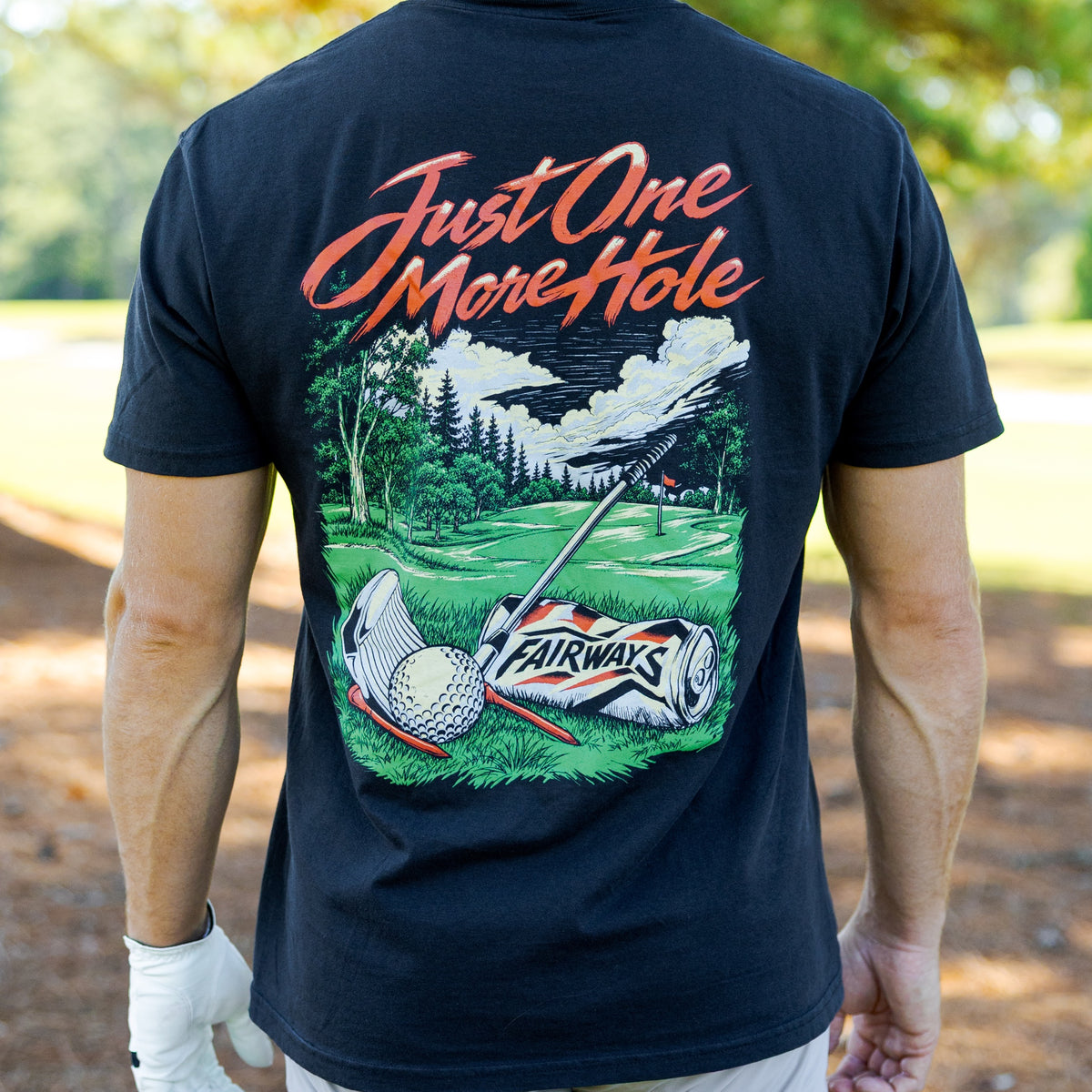 Just One More Hole Tee back artwork and on-body fit