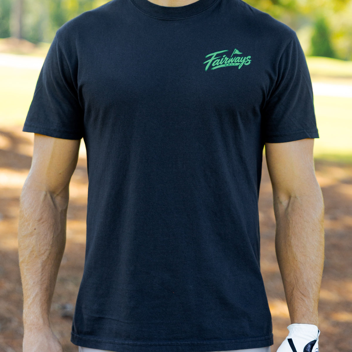 Just One More Hole Tee front chest logo and fit