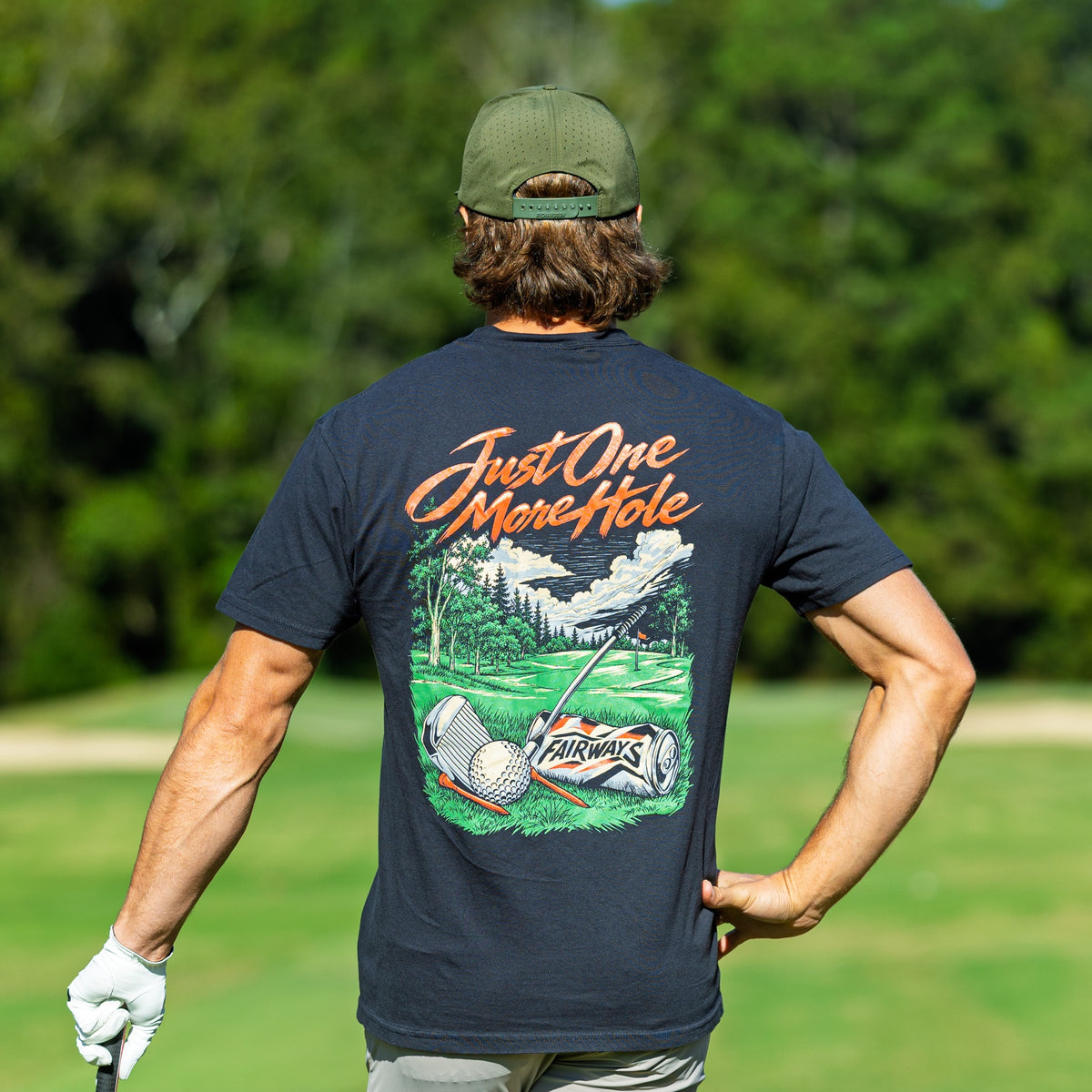 Just One More Hole Tee rear fit on the golf course