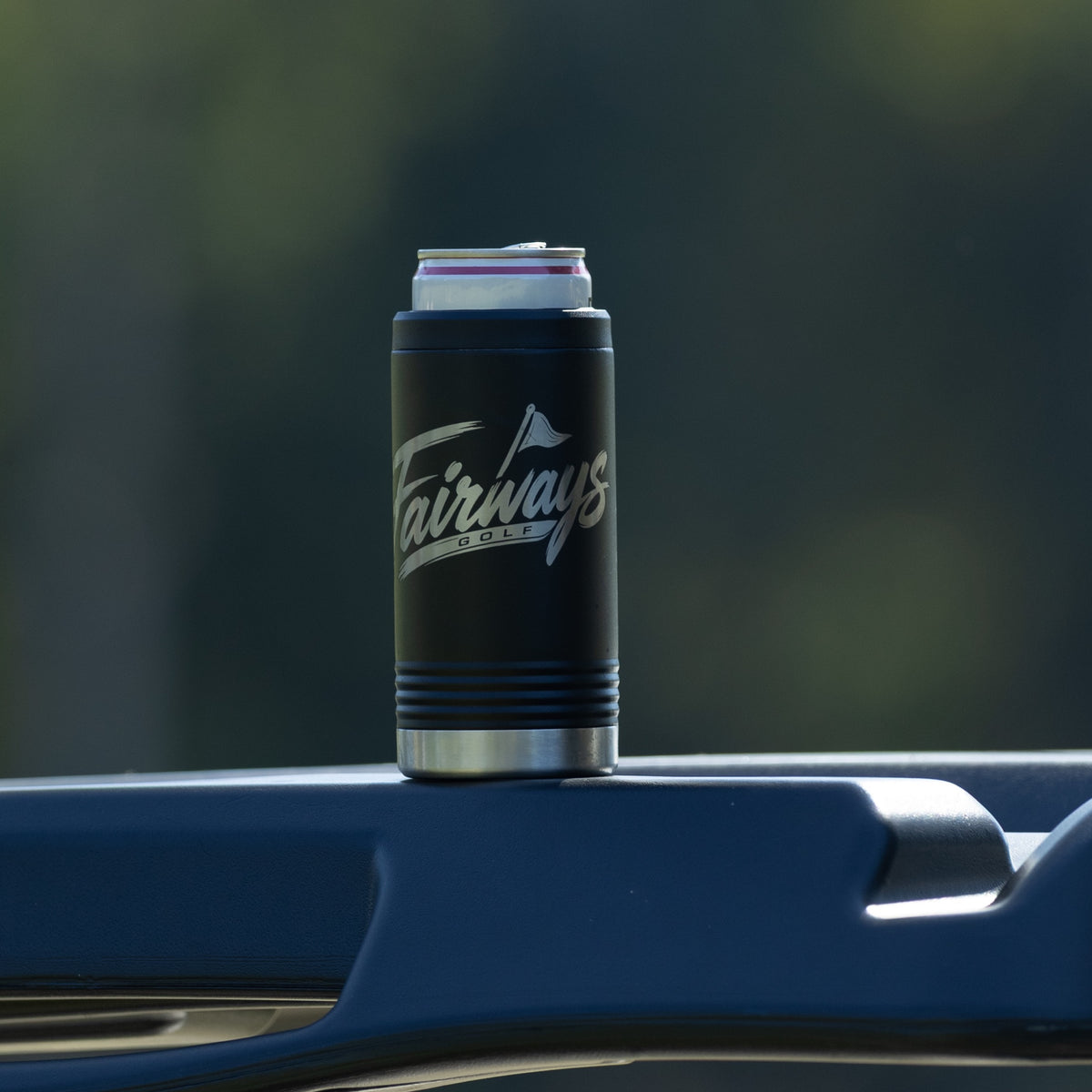 Slim Can Koozie on a golf cart rail
