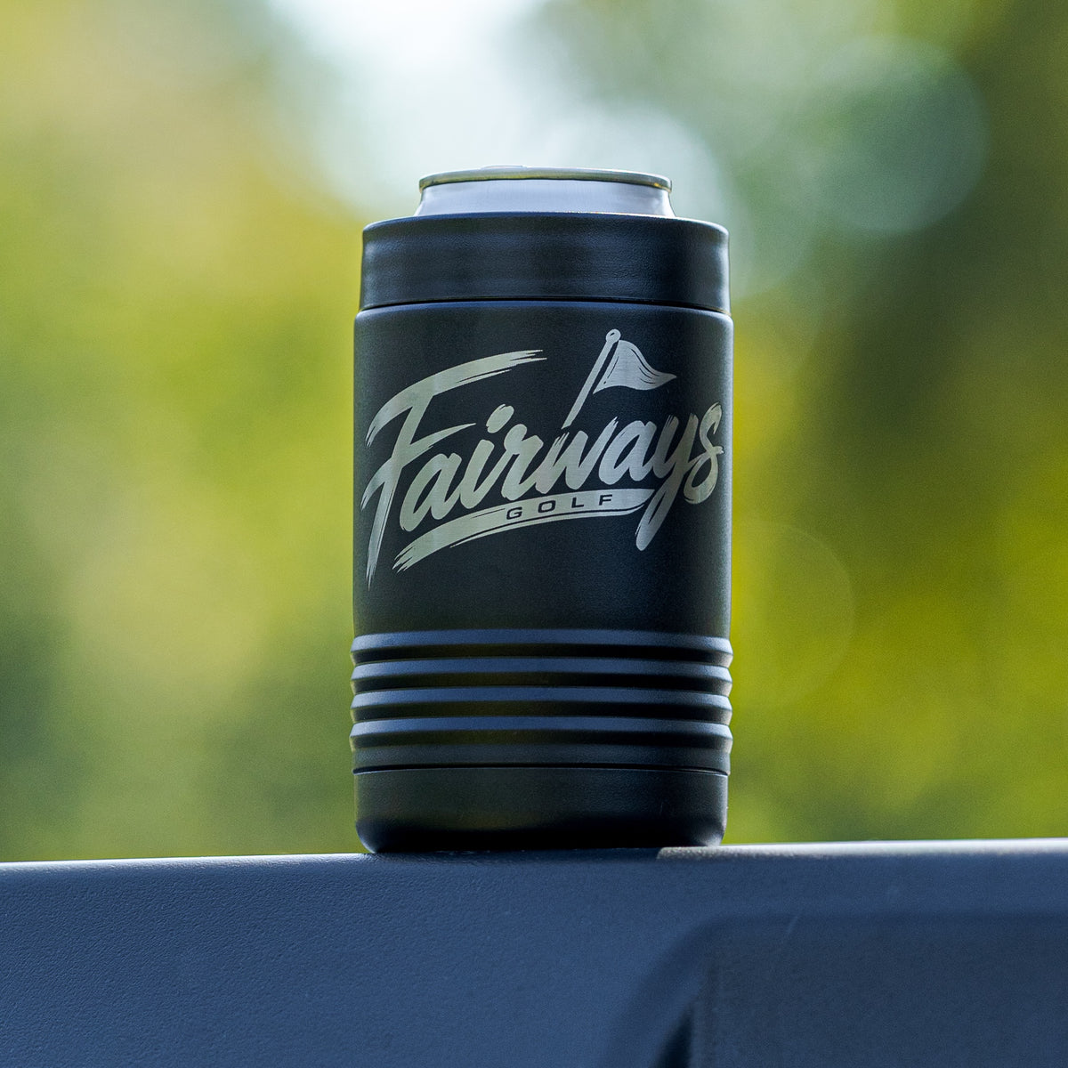 Standard Can Koozie front engraving and short profile; beverage can shown for scale