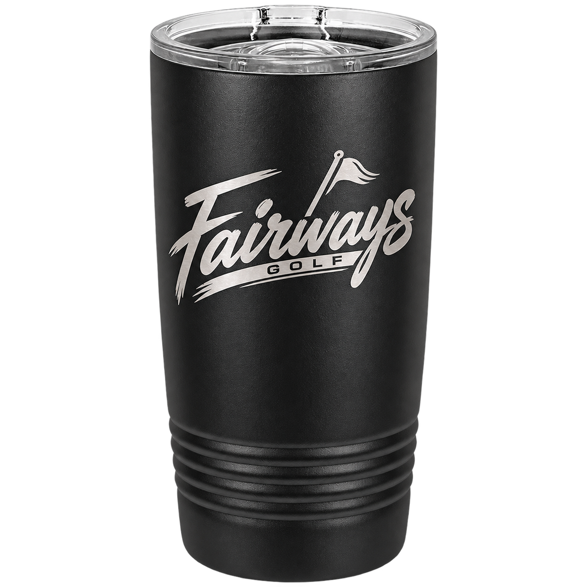Black Fairways Golf 20 oz. insulated tumbler with silver logo and clear standard lid