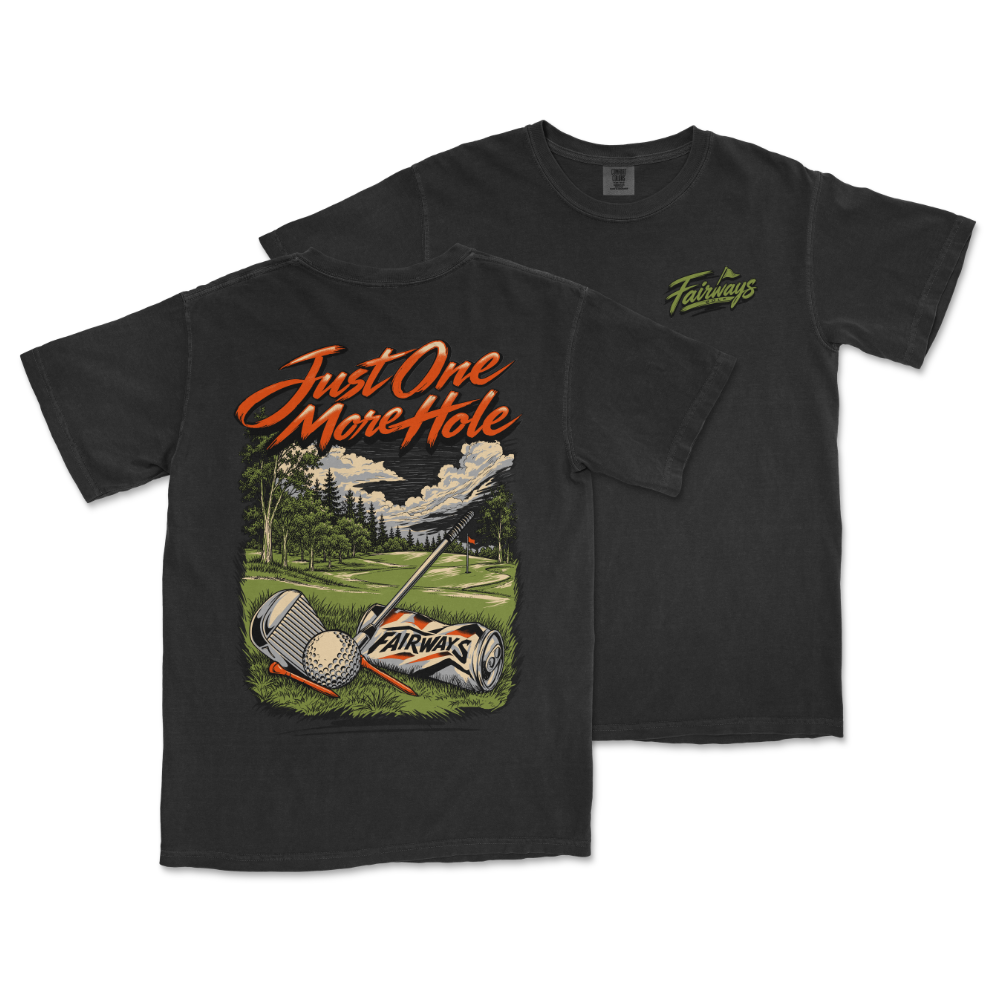 Front and back of the dark charcoal Fairways Just One More Hole T-shirt