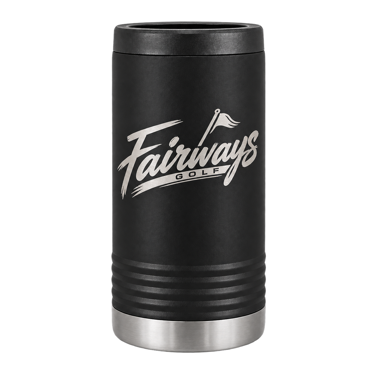 Black Fairways Golf slim stainless steel can koozie with silver logo