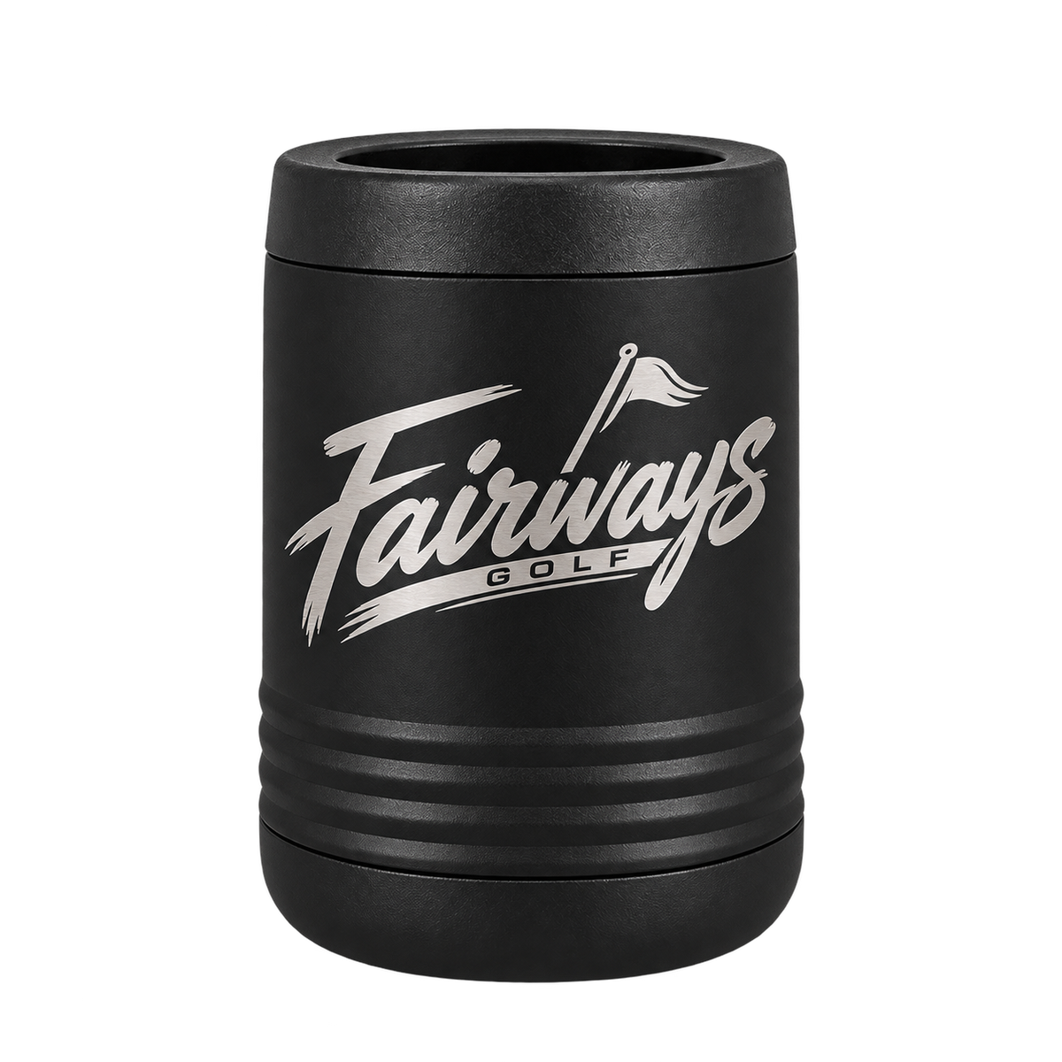 Black Fairways Golf standard stainless steel can koozie with silver logo